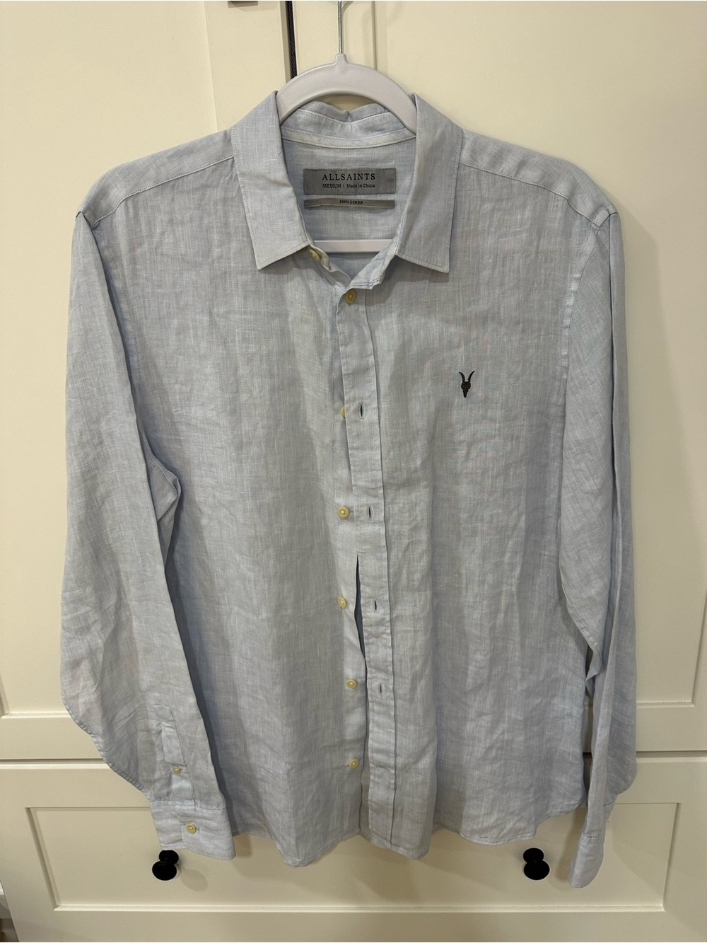 All Saints Pale Blue Long-Sleeve Linen Button-Down Shirt